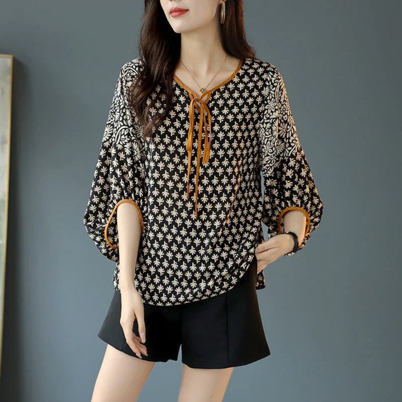 Elegant Fashion Bow Drawstring Printing Patchwork Chiffon Shirt Summer - Picture 2 of 3